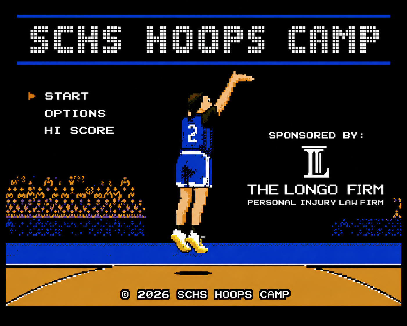 2026 SCHS Hoops Camp registration flyer sponsored by The Longo Firm